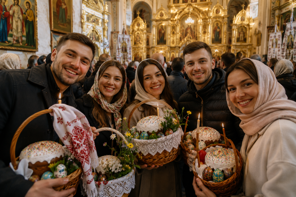 Сім'я та друзі стоять на Великдень у церкві