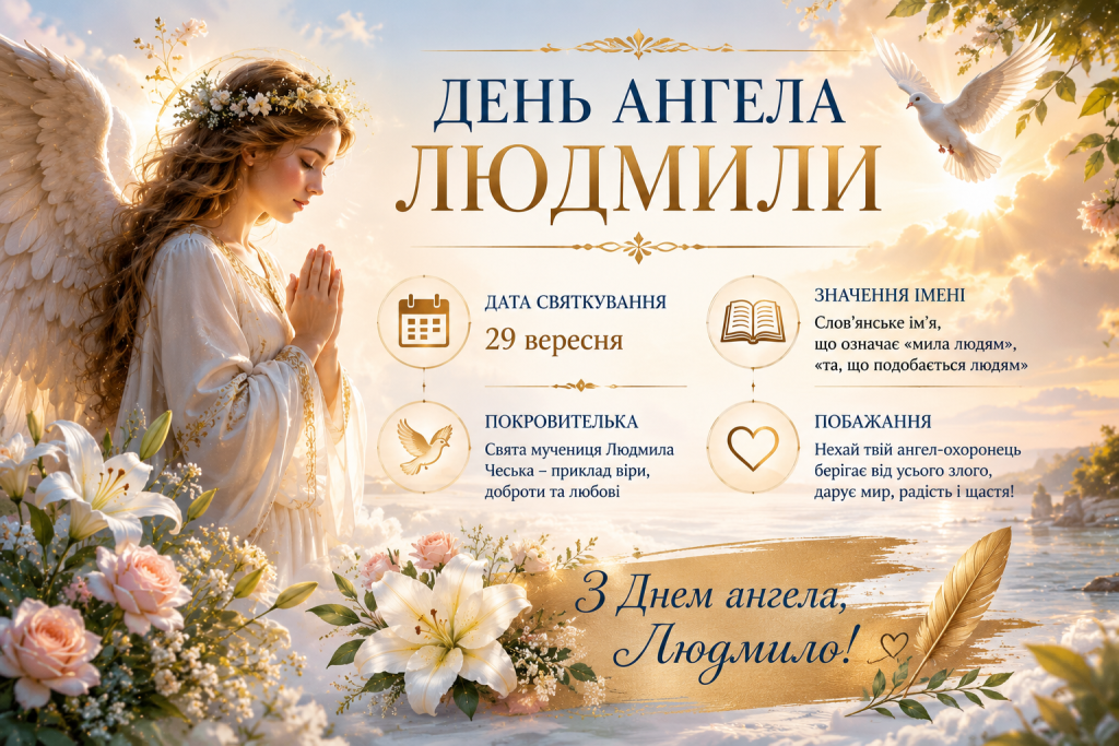 Інфографіка «День ангела Людмили» з датою святкування 29 вересня, значенням імені, покровителькою та побажаннями на тлі янгола з білими крилами серед квітів