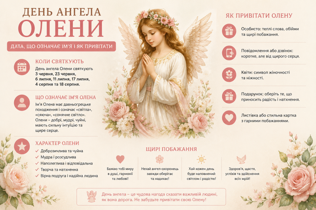 Інфографіка про День ангела Олени — дати святкування, значення імені, характер Олени та найкращі побажання з ілюстрацією ангела в квітах