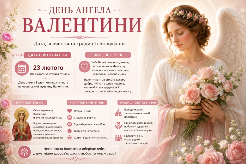 Інфографіка «День ангела Валентини» з датою святкування 23 лютого, значенням імені, характером, покровителькою та традиціями святкування на тлі янгола з рожевими квітами