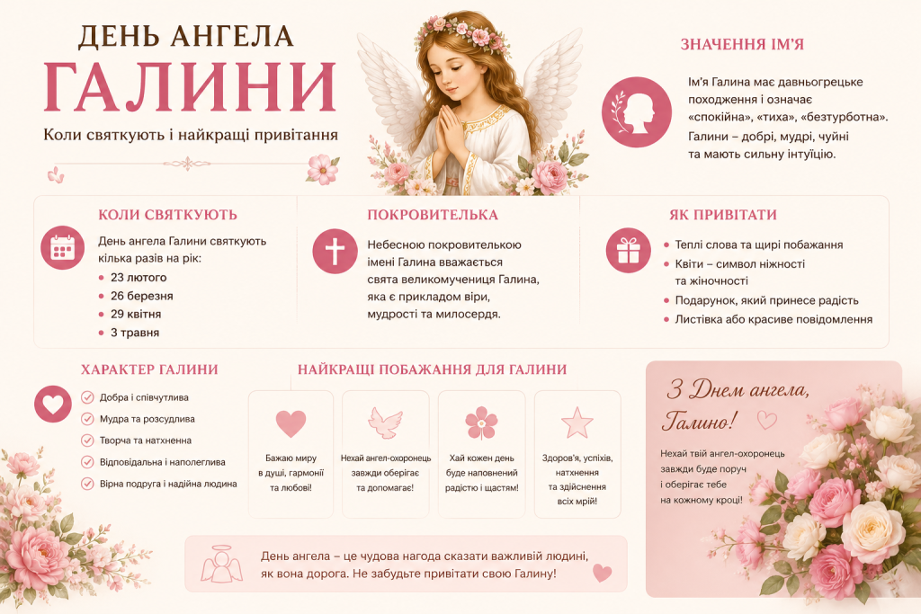 Інфографіка про День ангела Галини — дати святкування 23 лютого, 26 березня, 29 квітня та 3 травня, значення імені, характер та побажання з ілюстрацією ангела в рожевих квітах