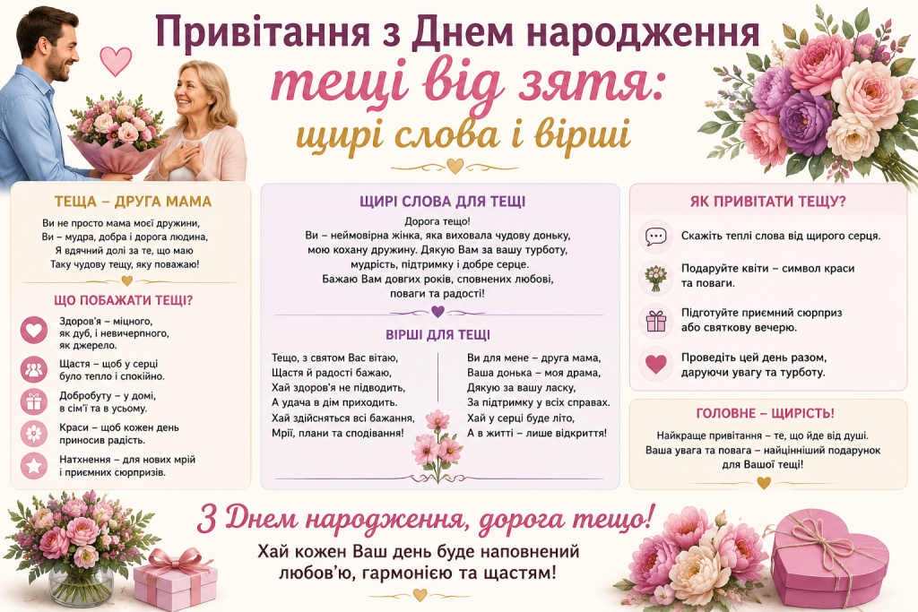 Інфографіка з привітаннями, віршами та порадами як привітати тещу з Днем народження від зятя