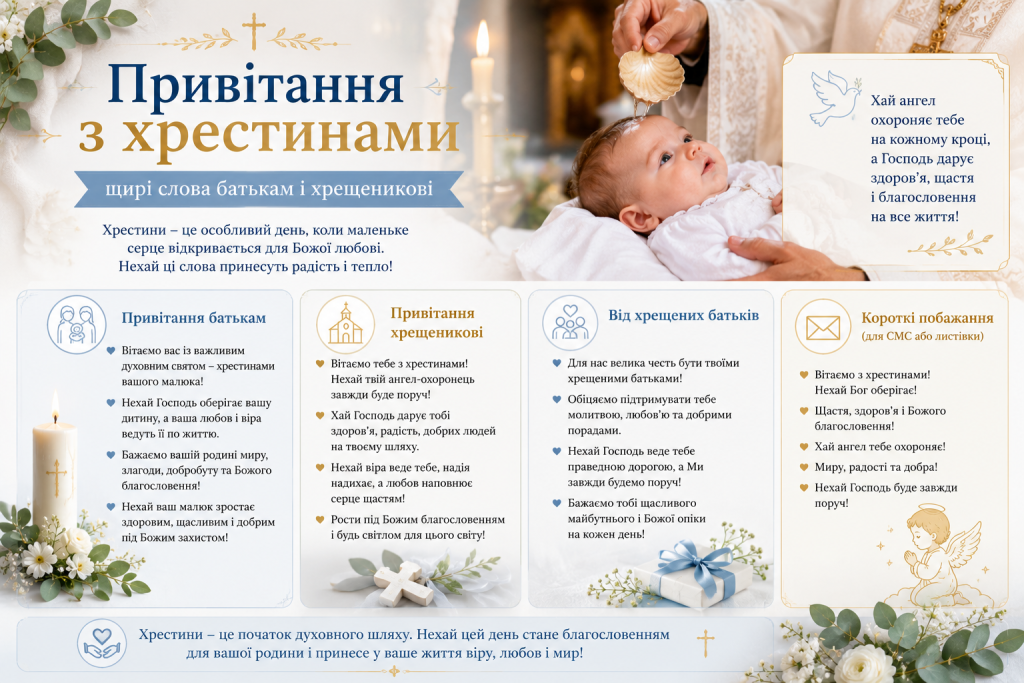 Інфографіка з привітаннями на хрестини українською: слова для батьків, хрещеника, від хрещених батьків та короткі побажання для СМС на тлі немовляти під час хрещення