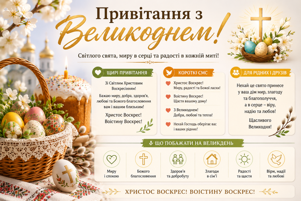 Інфографіка з великодніми привітаннями українською: щирі слова, короткі СМС та побажання для рідних на тлі пасхального кошика з крашанками