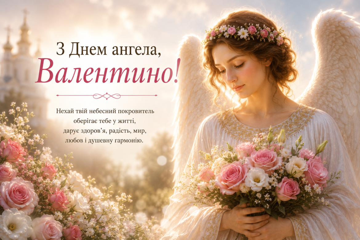 Привітальна листівка з Днем ангела Валентини із зображенням янгола з білими крилами та букетом рожевих троянд серед квітучого саду на тлі церкви