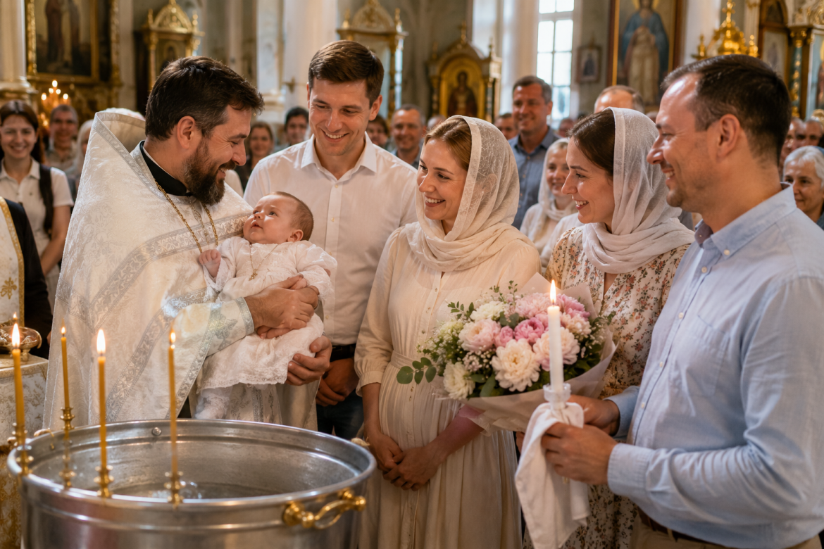Священик у білому вбранні тримає немовля під час таїнства хрещення в православній церкві, поруч стоять батьки та хрещені з квітами і свічками