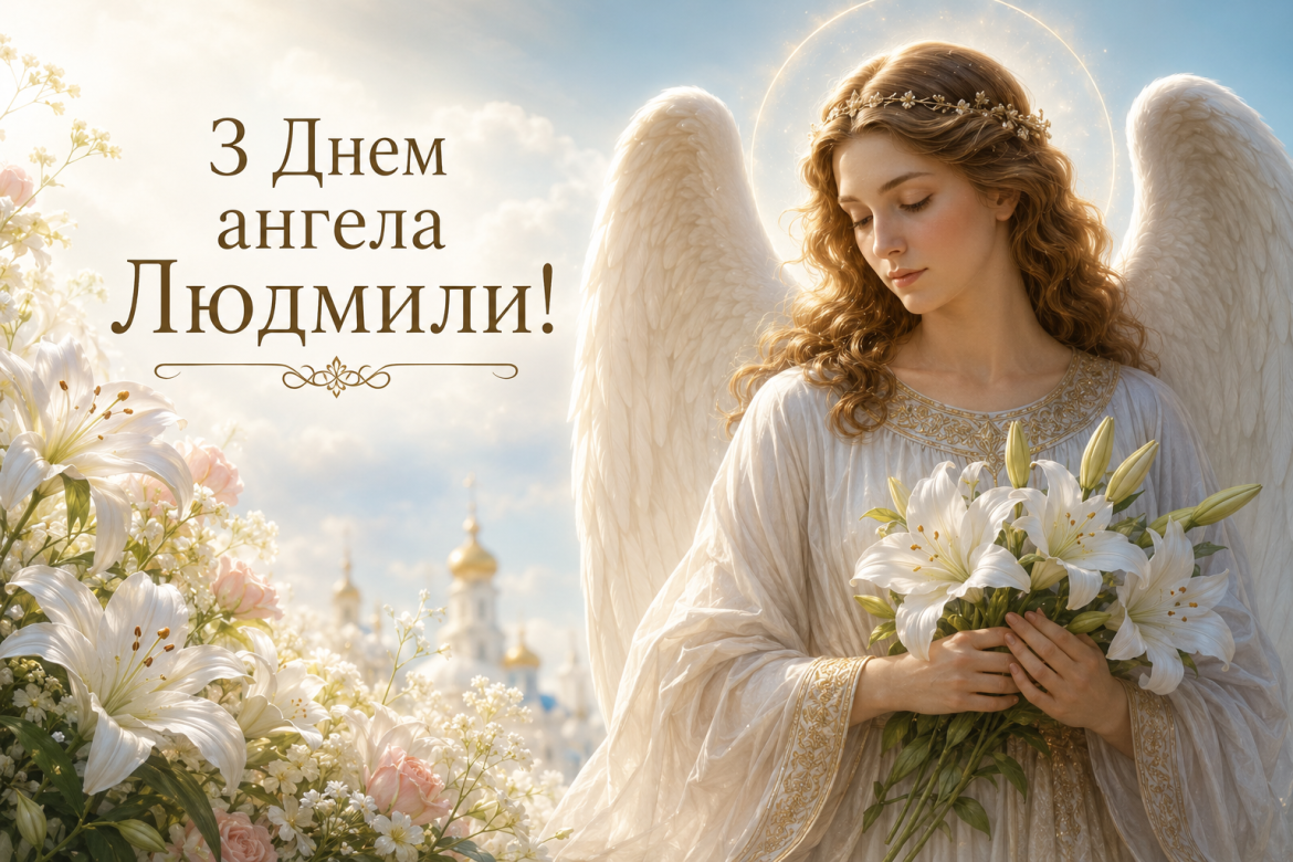 Привітальна листівка з Днем ангела Людмили із зображенням янгола з білими крилами та букетом білих лілій на тлі храму і квітучого саду