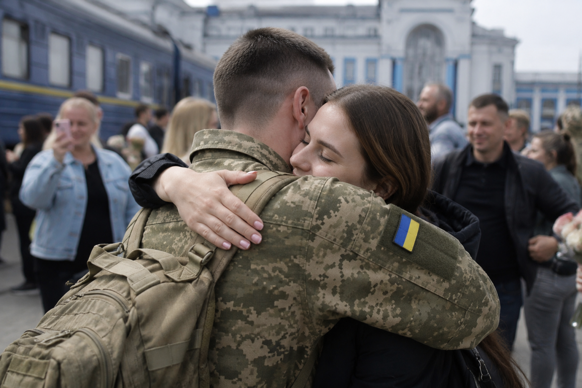 Демобілізований військовий обіймає близьку людину після повернення додому