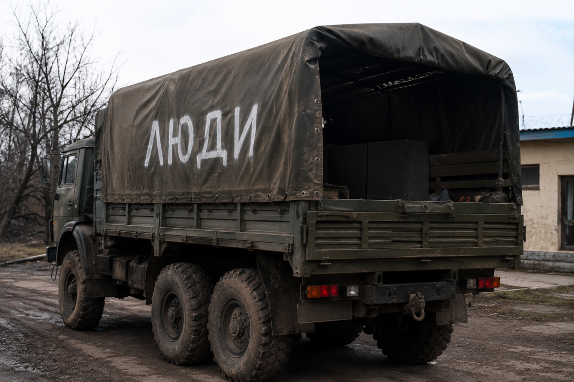 Крита військова вантажівка з великим написом «ЛЮДИ» на брезенті, припаркована на військовій базі в похмуру погоду