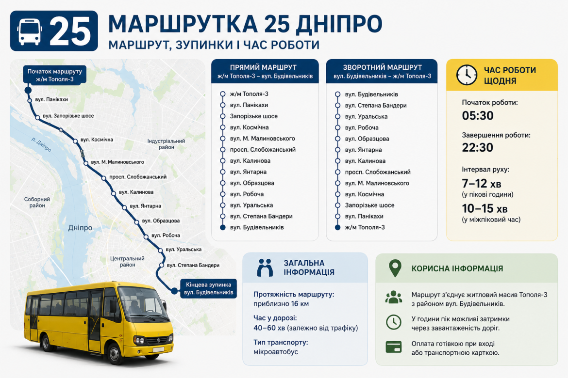 Інфографіка маршруту маршрутки №25 у Дніпрі: зупинки, час роботи з 05:30 до 22:30, інтервал руху