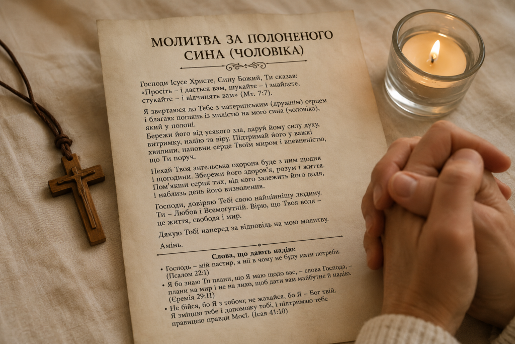 Аркуш паперу з молитвою за полоненого сина або чоловіка поруч із дерев'яним хрестом і запаленою свічкою, складені в молитві руки