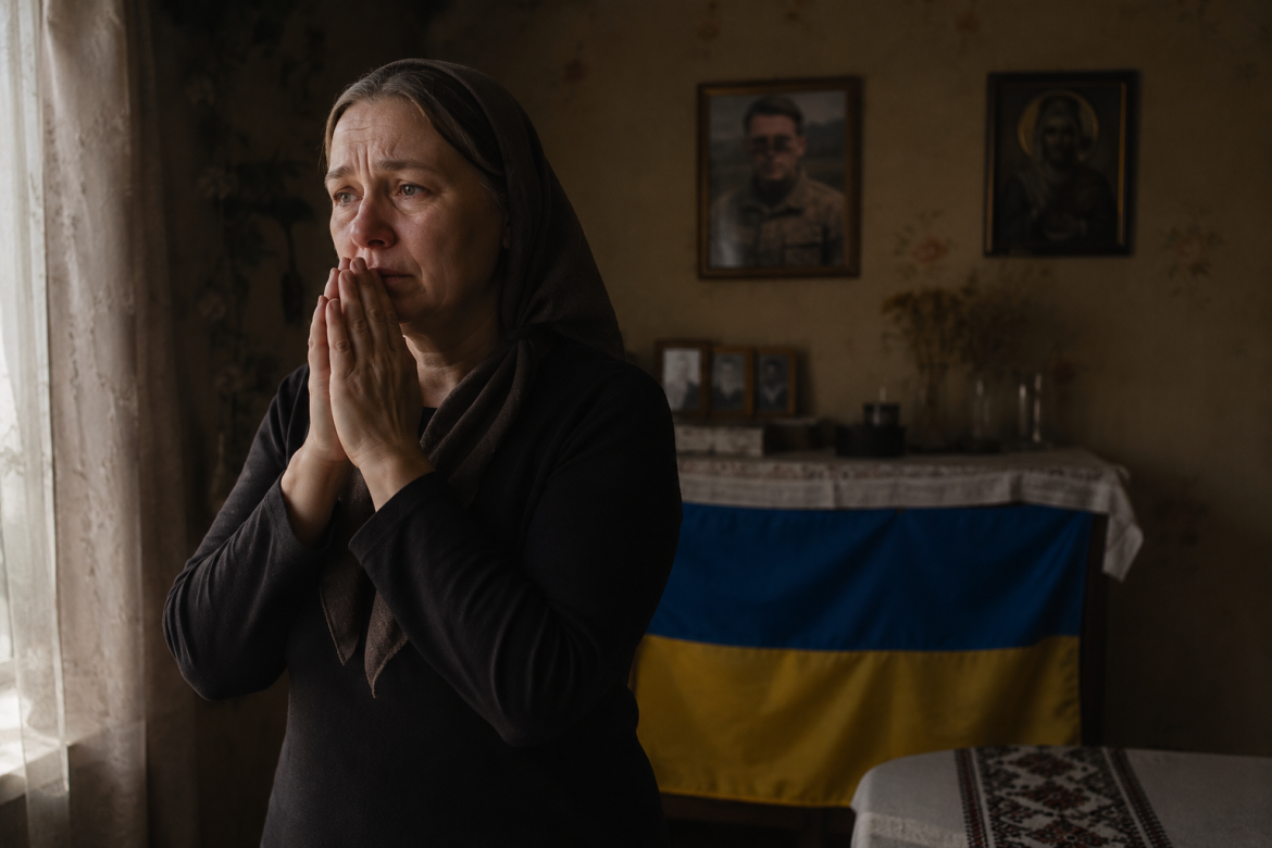Жінка в чорній хустині стоїть із складеними в молитві руками у кімнаті, на задньому плані — фото військового, українська вишиванка та прапор
