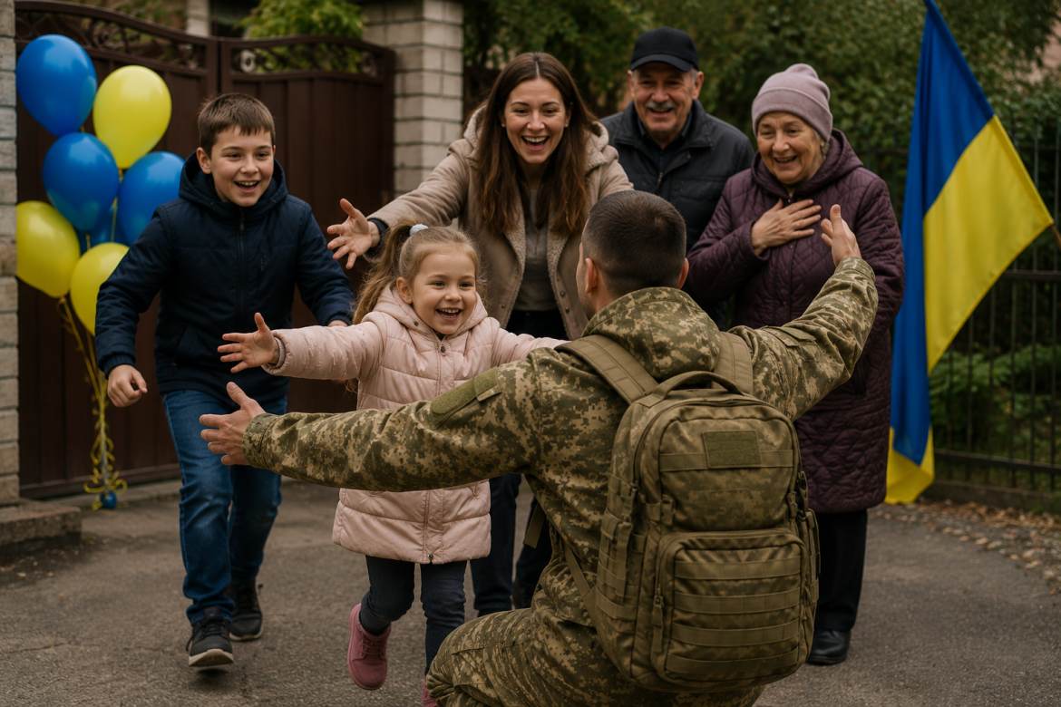 Родина з повітряними кульками радісно зустрічає військового біля дому