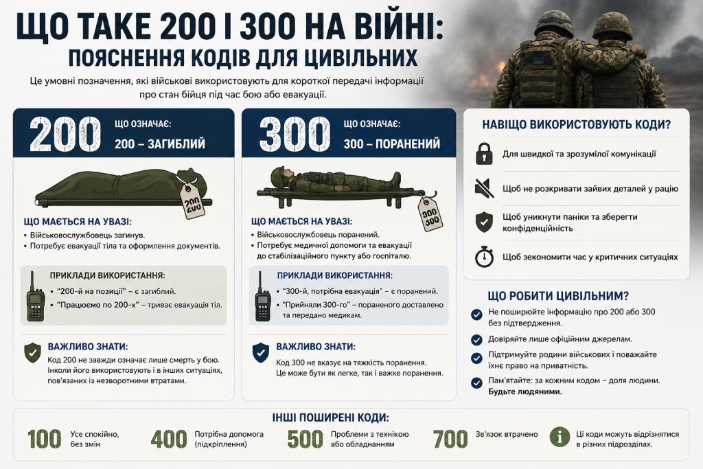 Інфографіка з поясненням військових кодів 200 і 300 — загиблий та поранений, причини їх використання та поради для цивільних