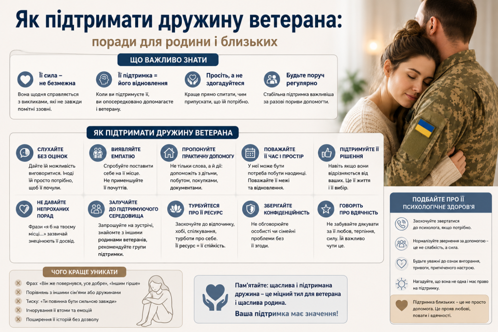 Інфографіка з порадами, як підтримати дружину ветерана — чоловік в обіймах дружини