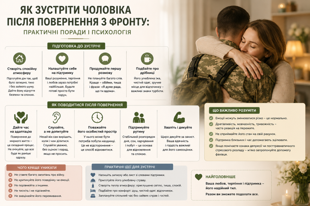 Інфографіка з практичними порадами щодо зустрічі військового після повернення з фронту