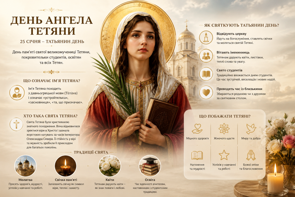 Інфографіка про День ангела Тетяни, історію святої, традиції свята та побажання іменинницям