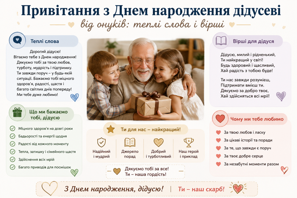 Святкова листівка з теплими словами, побажаннями та віршами дідусеві від онуків
